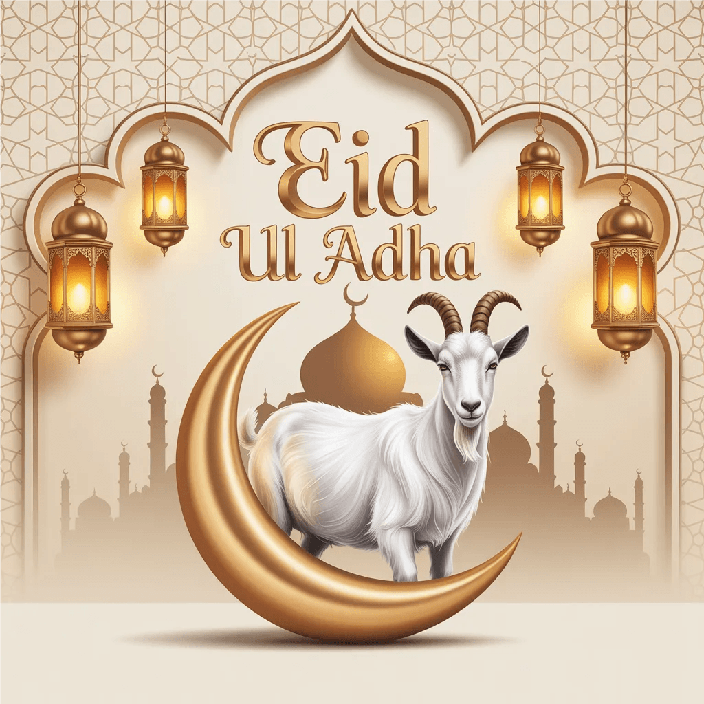 Eid ul Adha Mubarak Background PNG – Golden Goat Moon Lanterns