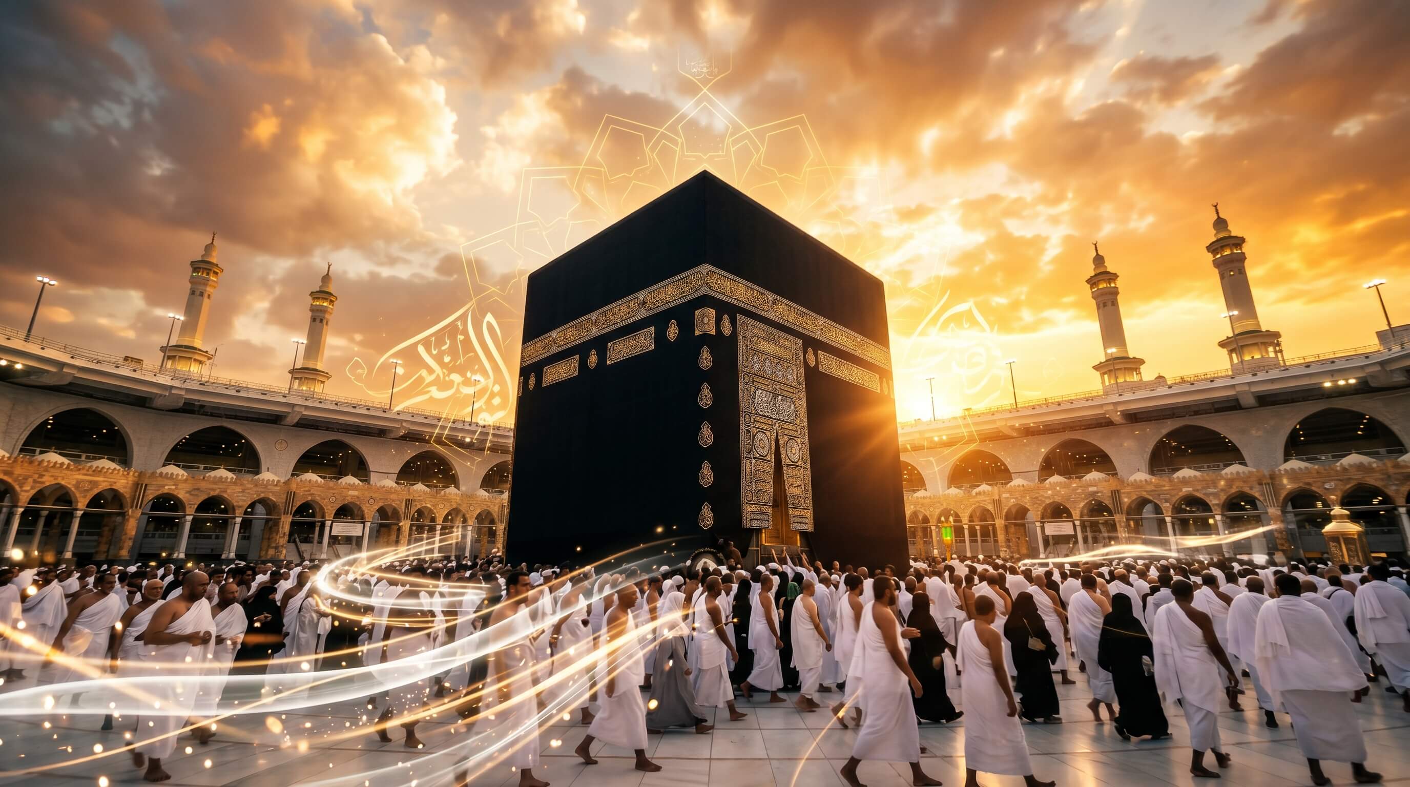 Hajj Tawaf Kaaba Sunset Pilgrims Makkah Background