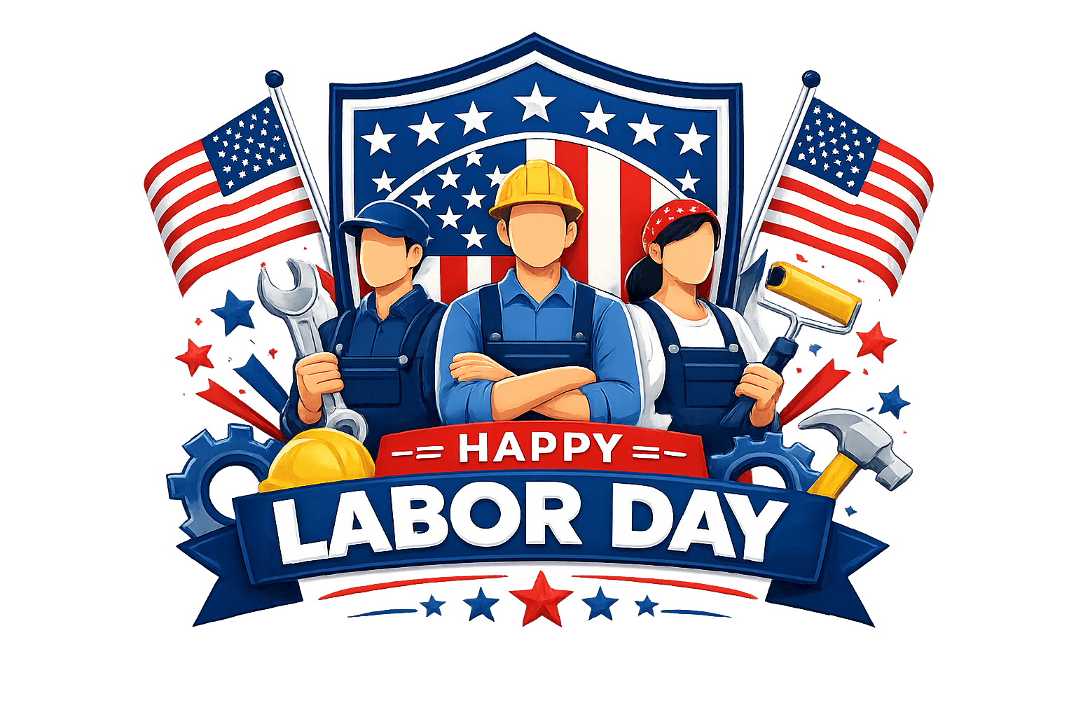 Happy Labor Day USA Workers PNG with American Flags