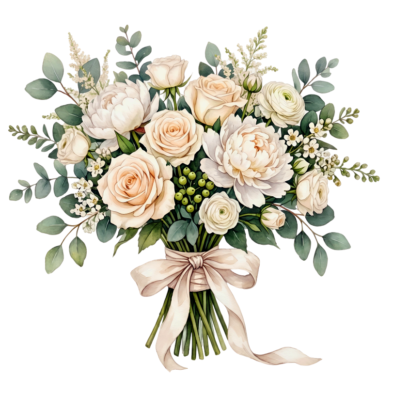 Romantic Bridal Bouquet White Roses and Peonies PNG