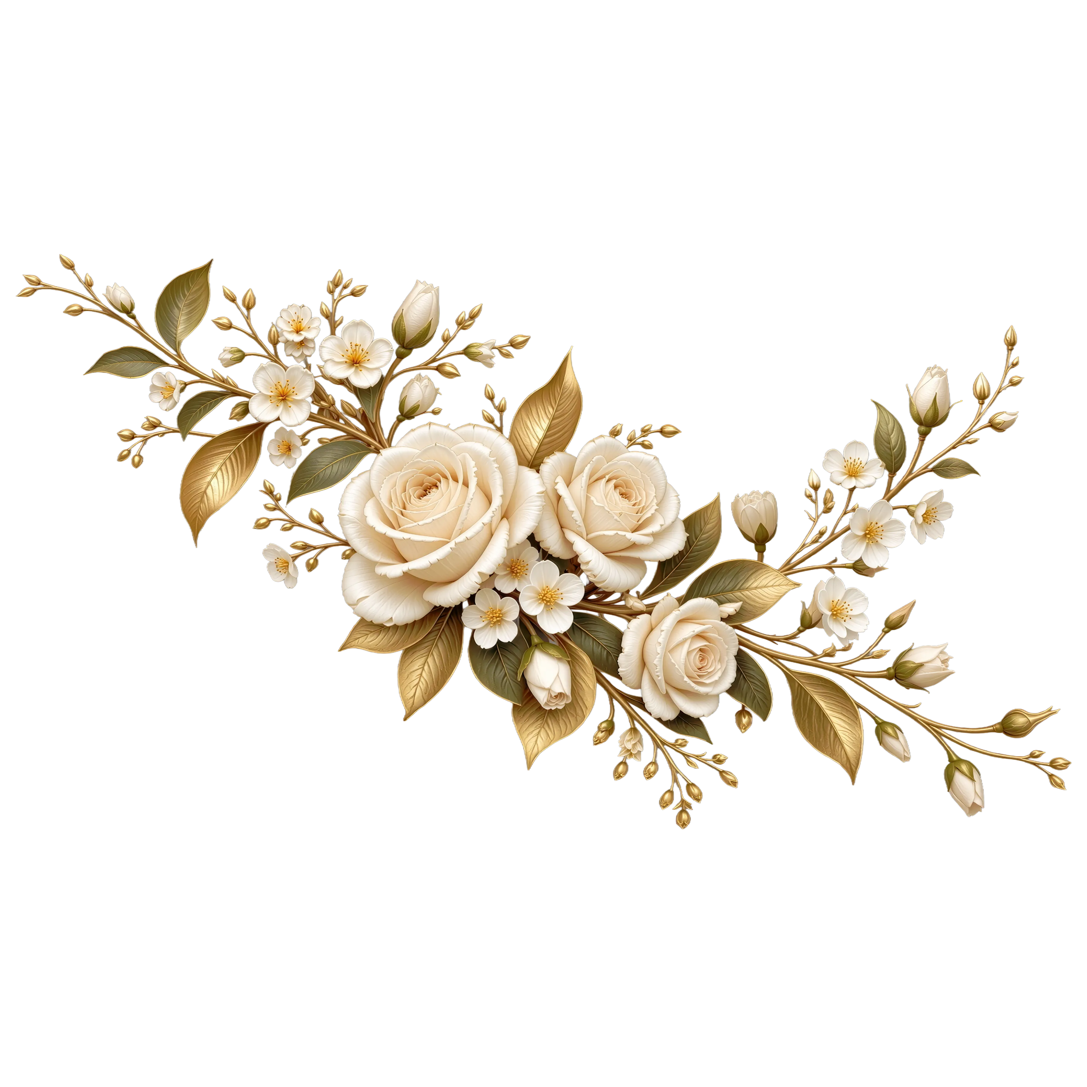 White and Gold Flower Arrangement PNG – Cream Roses Floral Clipart